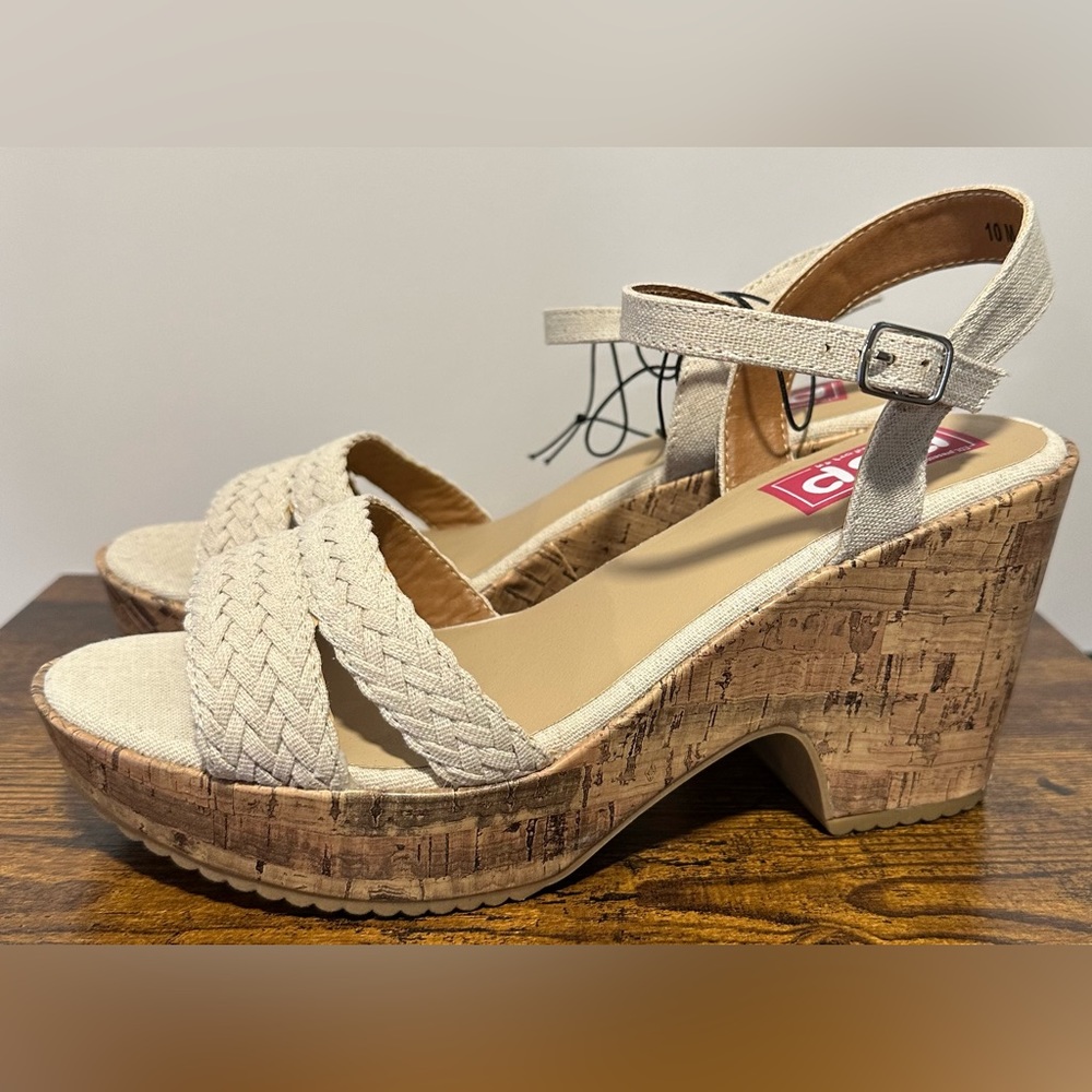 Beige Braided Cork Wedge Sandals - Women